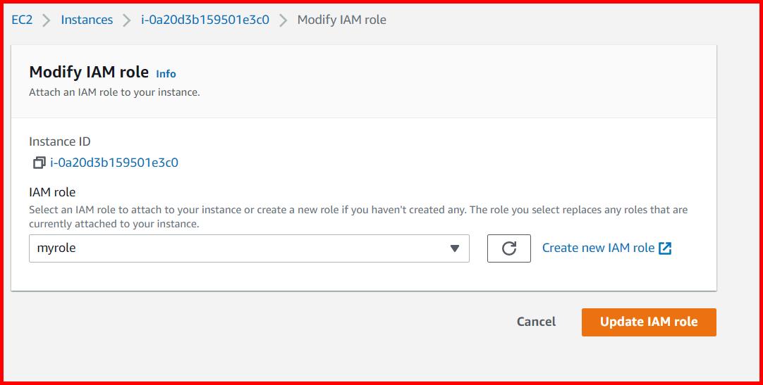 Picture showing assigning the role to EC2 instance